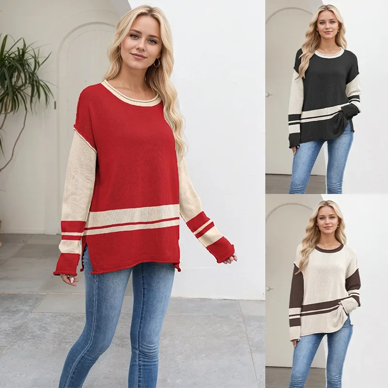 

2025 European and American new sweaters for women wishes hot sale round neck color-blocking loose fashionable pullover knit