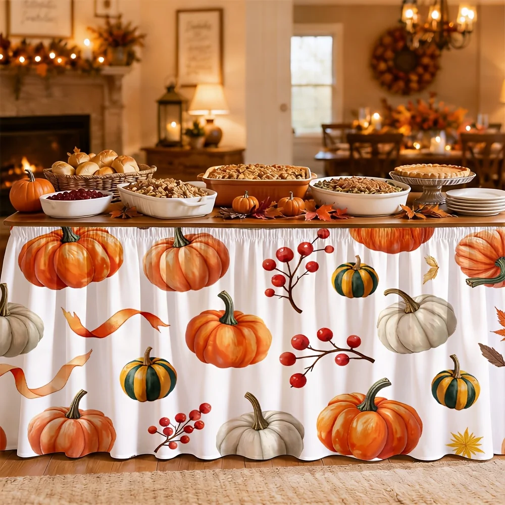 Pumpkin, blueberry, leaves, ribbon, warmth, comfort, festival, dinner party, gathering to celebrate, decorative tablecloth