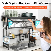 Over-the-Sink Dish Drying Rack, 3-Tier with Dust Cover, Utensil Holder & Drainer, Space-Saving Stainless Steel Shelf for Kitchen