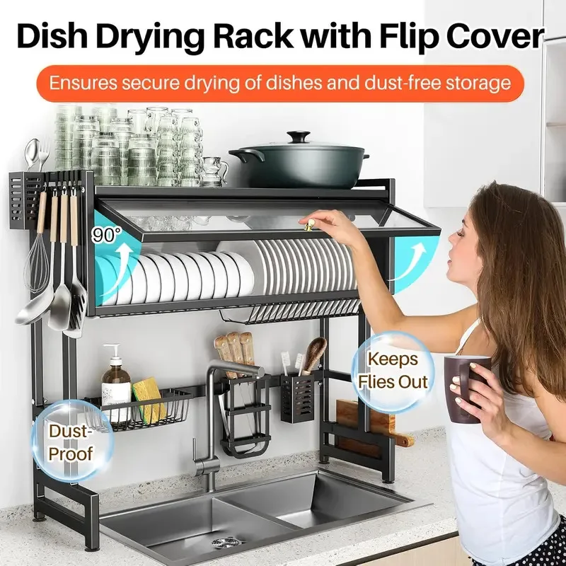 Over-the-Sink Dish Drying Rack, 3-Tier with Dust Cover, Utensil Holder & Drainer, Space-Saving Stainless Steel Shelf for Kitchen