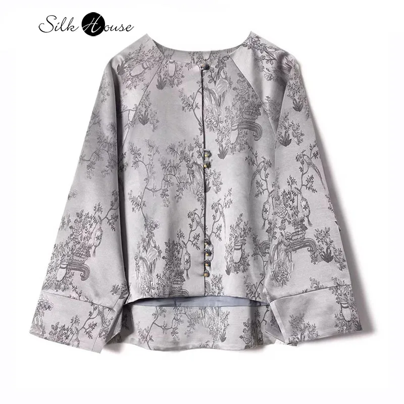 

2024 Women's Fashion Autumn New Silver Grey Plum Blossom Courtyard Printed Mulberry Silk Wool Blended Long Sleeve Coat