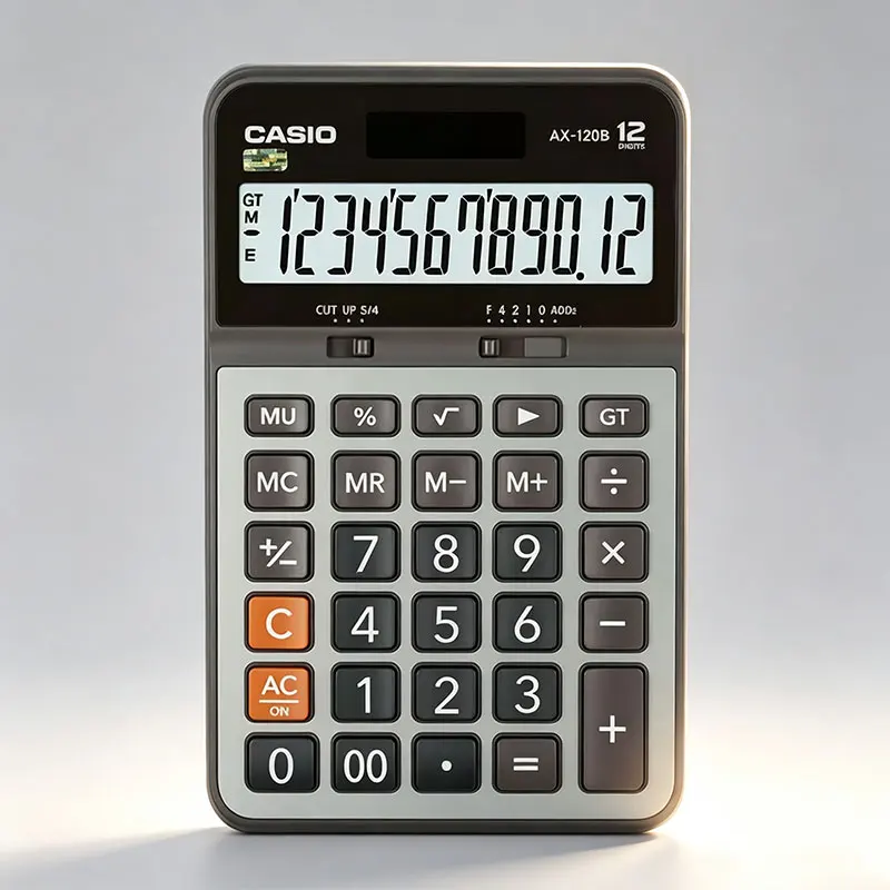 Casio DH-12/MH-12/DH-14/AX-120B: een robuuste rekenmachine die bestand is tegen vallen, ideaal voor buitengebruik, zakelijke onderhandelingen en snelle berekeningen.