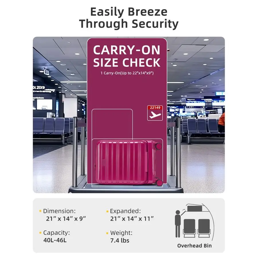 กระเป๋าเดินทางขนาด 22x14x9 นิ้ว ได้รับการรับรองจากสายการบิน, กระเป๋าเดินทางแบบแข็งขยายได้ขนาด 20 นิ้ว ทำจากวัสดุ PCABS พร้อมช่องเก็บของด้านหน้า ล้อหมุนได้ พร้อมระบบล็อค TSA