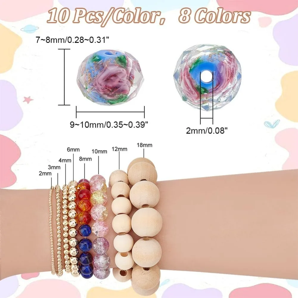 80pcs 8 Colors Flower Glass Beads Shining Gold Sand Lampwork Beads Handmade Round Loose Beads for Rosary Making Bracelets