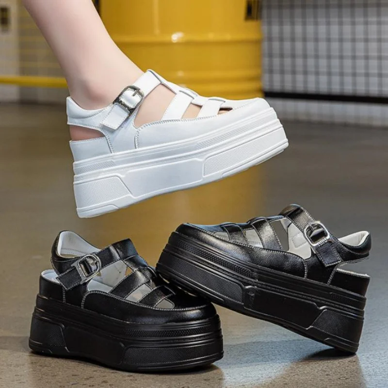8.5cm Hollow Full Cow Genuine Leather Women Summer Shoes Platform Sneakers Wedge Hidden Heel Women Summer Sandals Platform 34-39 view 3