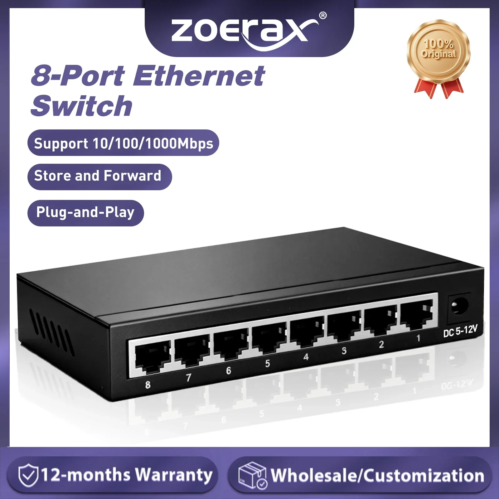 ZoeRax 8-Port Gigabit Ethernet Switch 10/100/1000Mbps RJ45 Hub Internet Splitter High-Speed Stable for Home Office IP Camera