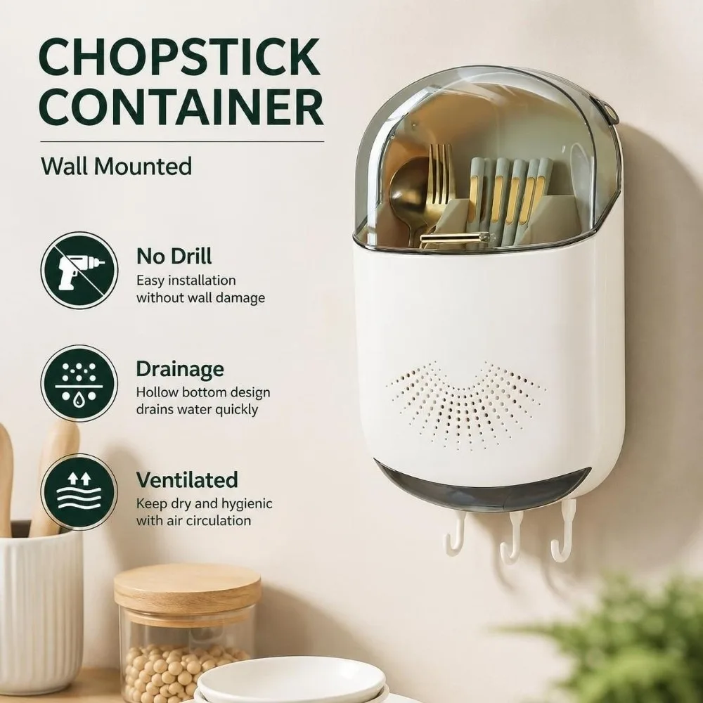 Wall Mounted Chopstick Rack Dustproof Drainage Cutlery Organizer No Drill Easy To Clean Chopstick Container Home