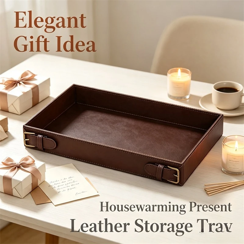 Vintage Leather Storage Tray Metal Buckle Desktop Catch‑all Organizer Decor Holder Keys Jewelry Home Office Housewarming Gift