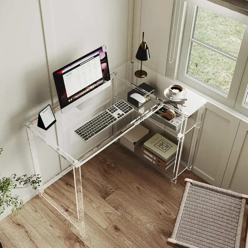 Acrylic L Shaped Table - Transparent Table with Reversible Storage Shelf - Modern Home Office Desk Corner Table