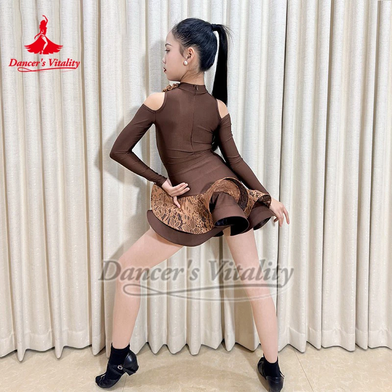 Kinderen en adolescenten Latijnsbruin Mesh Zoom Lange mouwen Tweedelig pak Danser Vitaliteit Chacha Samba Paso Doble Kleding