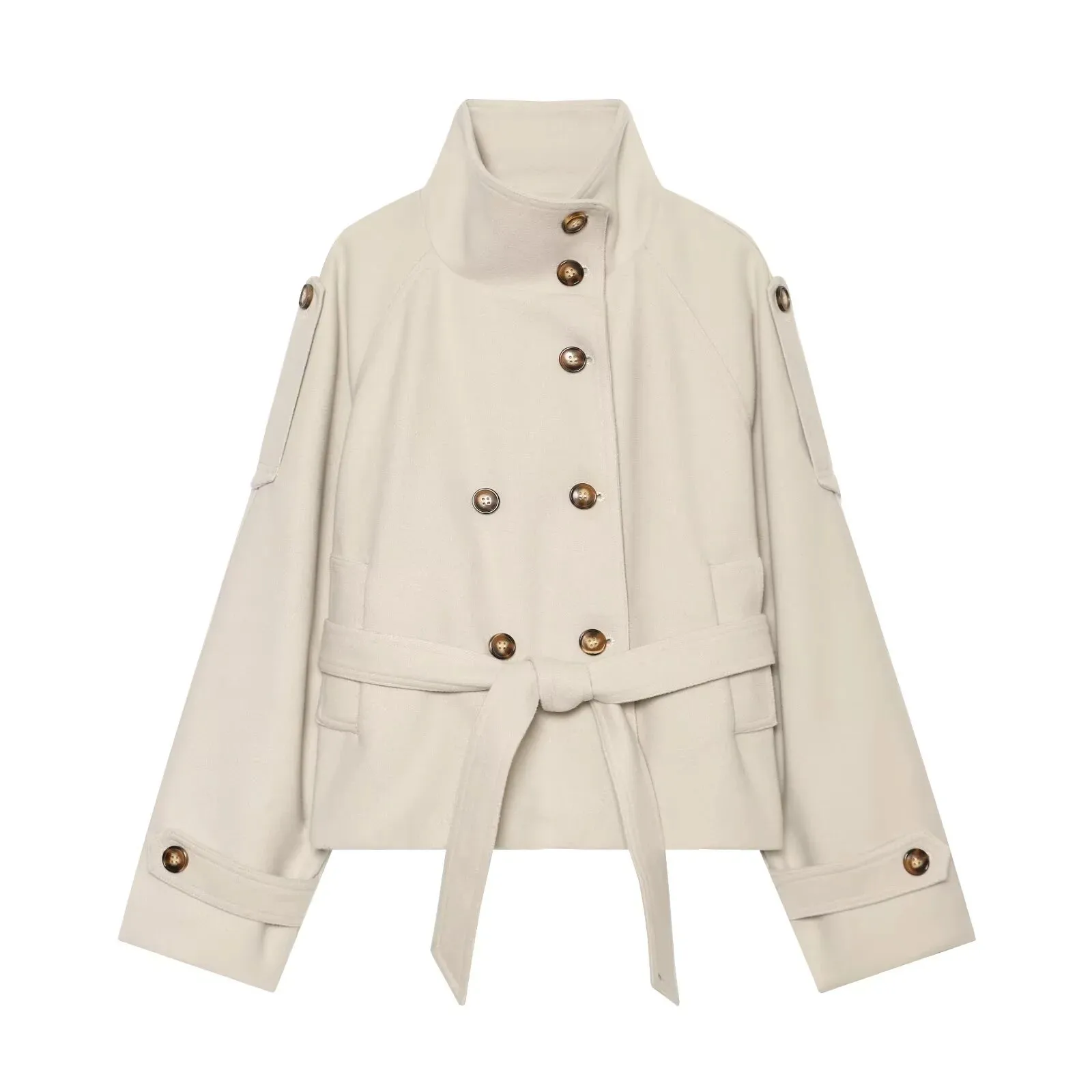 Popular European and American 2026 new women's fashionable and elegant loose and slim-fitting stand collar belt wool coat