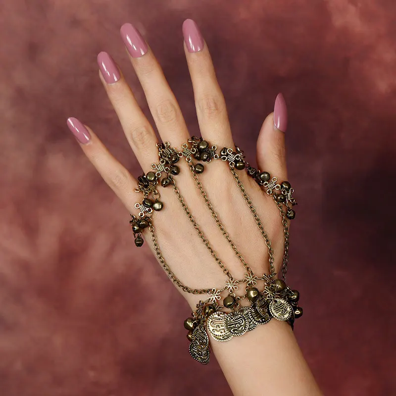 Women\'s Bohemian Bracelet Vintage Coins Bell Ring Bracelet Jewelry Belly Dance Hand Back Chain Bracelet Hand Decoration