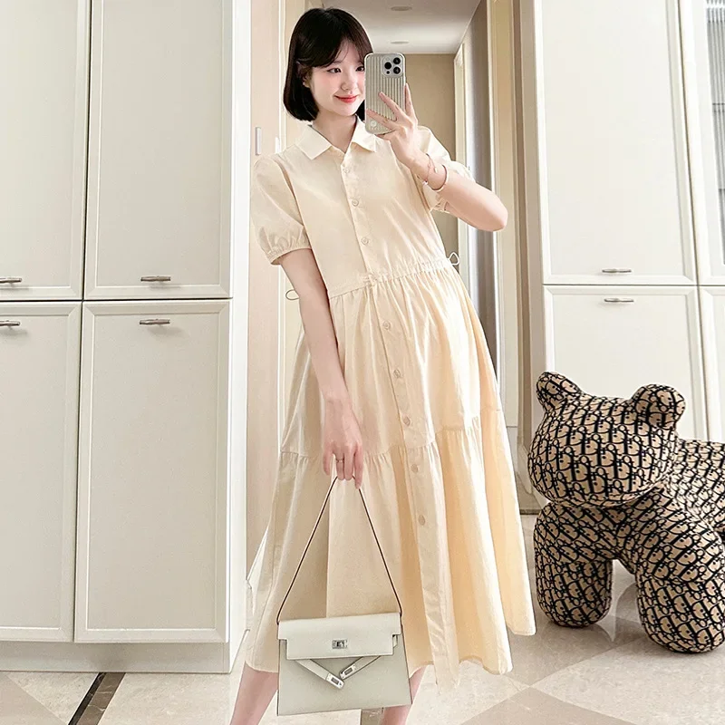 Korean Style Short Sleeve Maternity Summer Dress Turn-down Collar Single-breasted Pregnant Woman Chiffon Dress Pregnancy Clothes