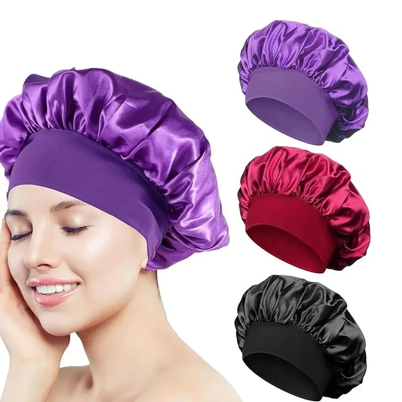 

Women Satin Bonnet Hair Bonnet for Sleeping Hair Care Silk Bonnets Solid Wide-brimmed Sleeping Hat with Elastic Soft Band