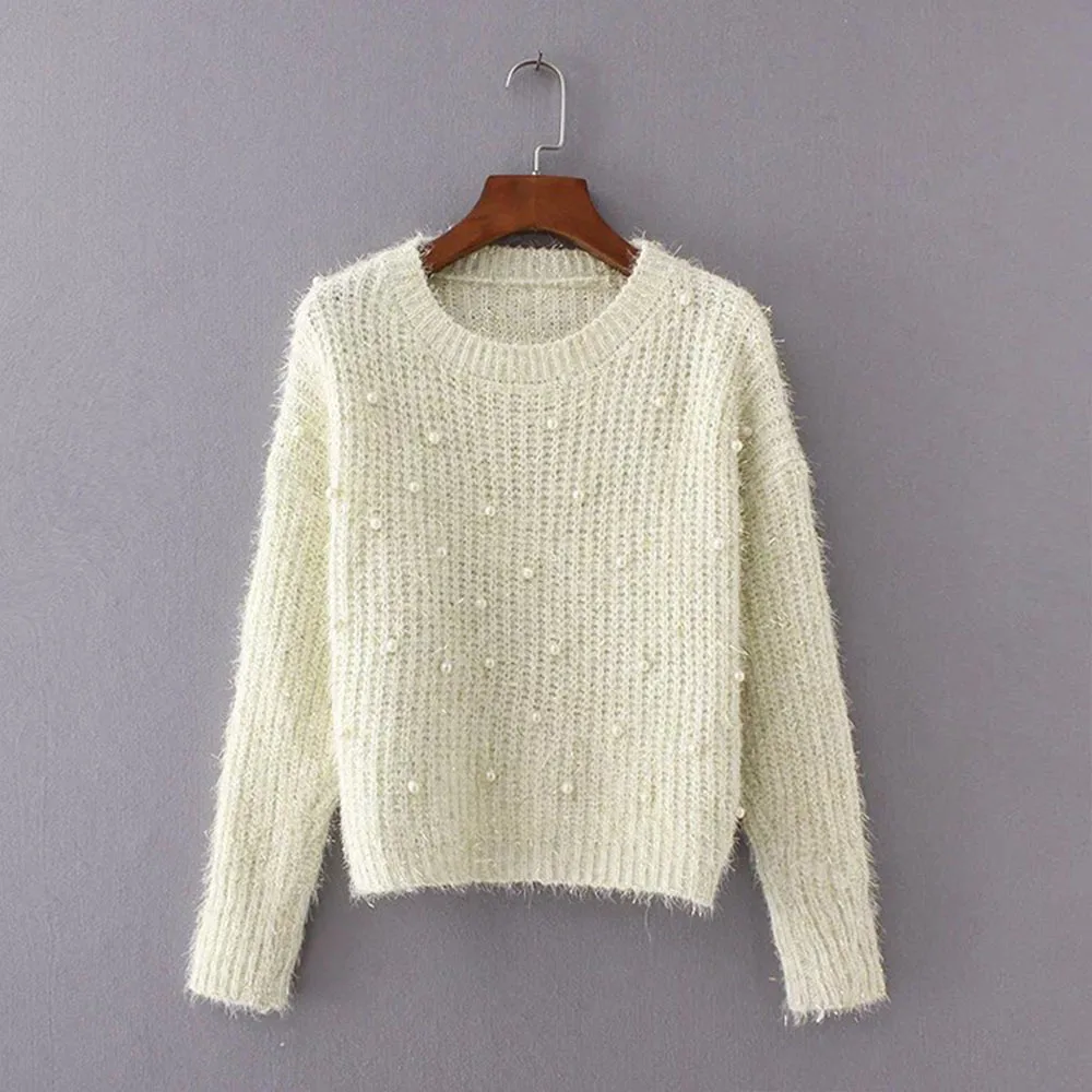 Autumn Winter Fashion Bright Beading Sweaters Women\'s Clothing Sweet O-Neck Solid Loose Knitted Tops Casual Korean Pullovers