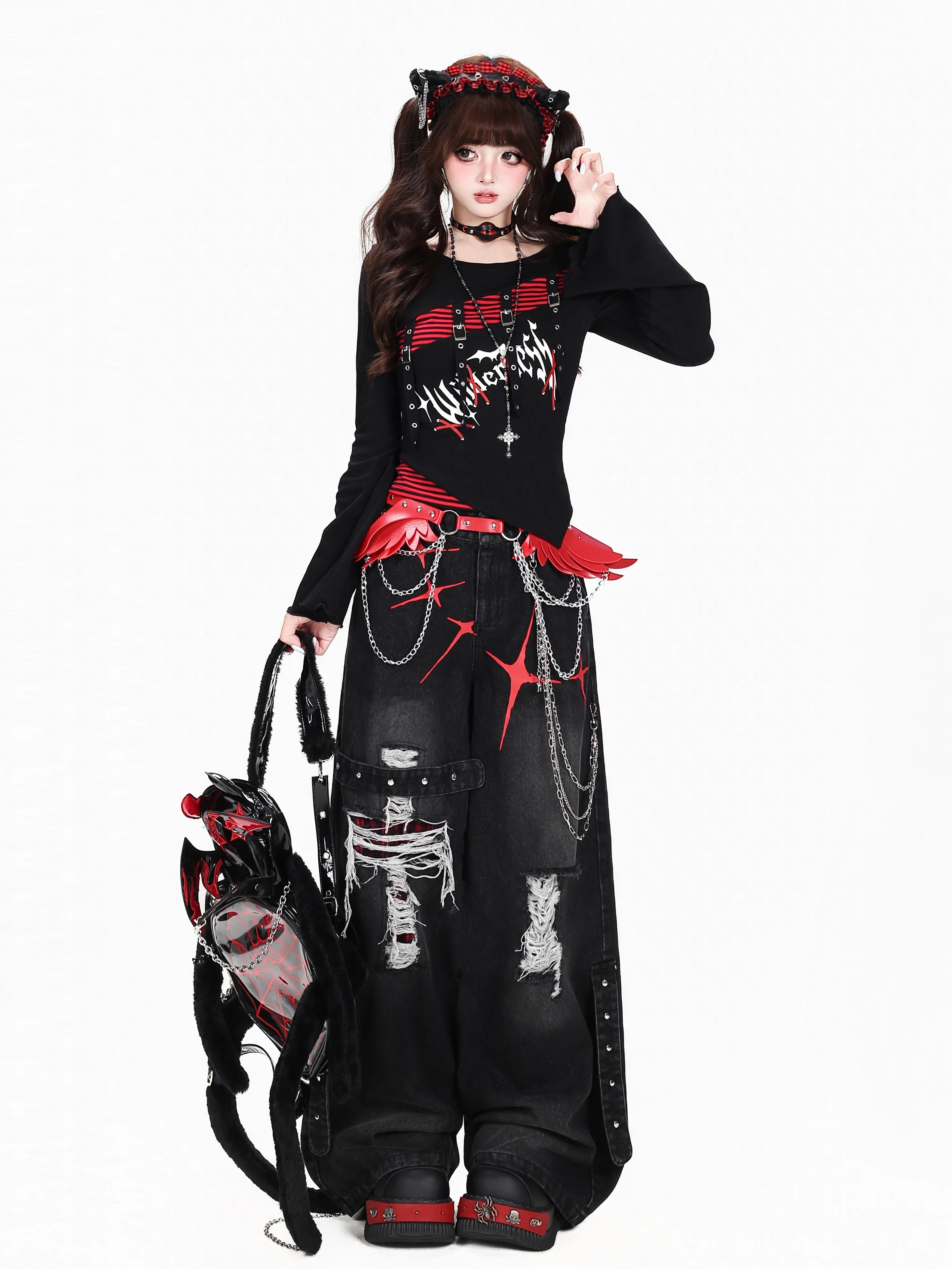 Crazygirl Original Street Dance Subculture Vintage Ripped Loose Wide Leg Workwear Jeans Women's Original Style Faded Jeans