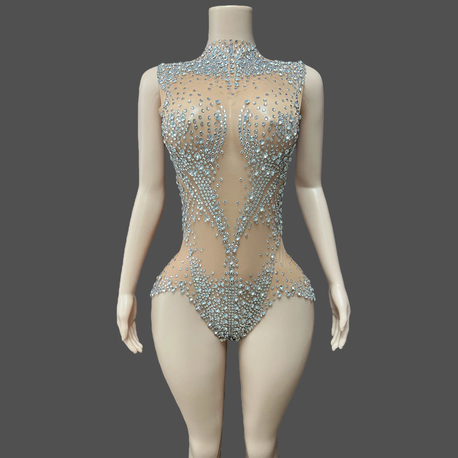 

Women Special Occassion Dress Shiny Rhinestones Mesh Transparent Bodysuit Evening Club Party Performance Costumes Clubwear