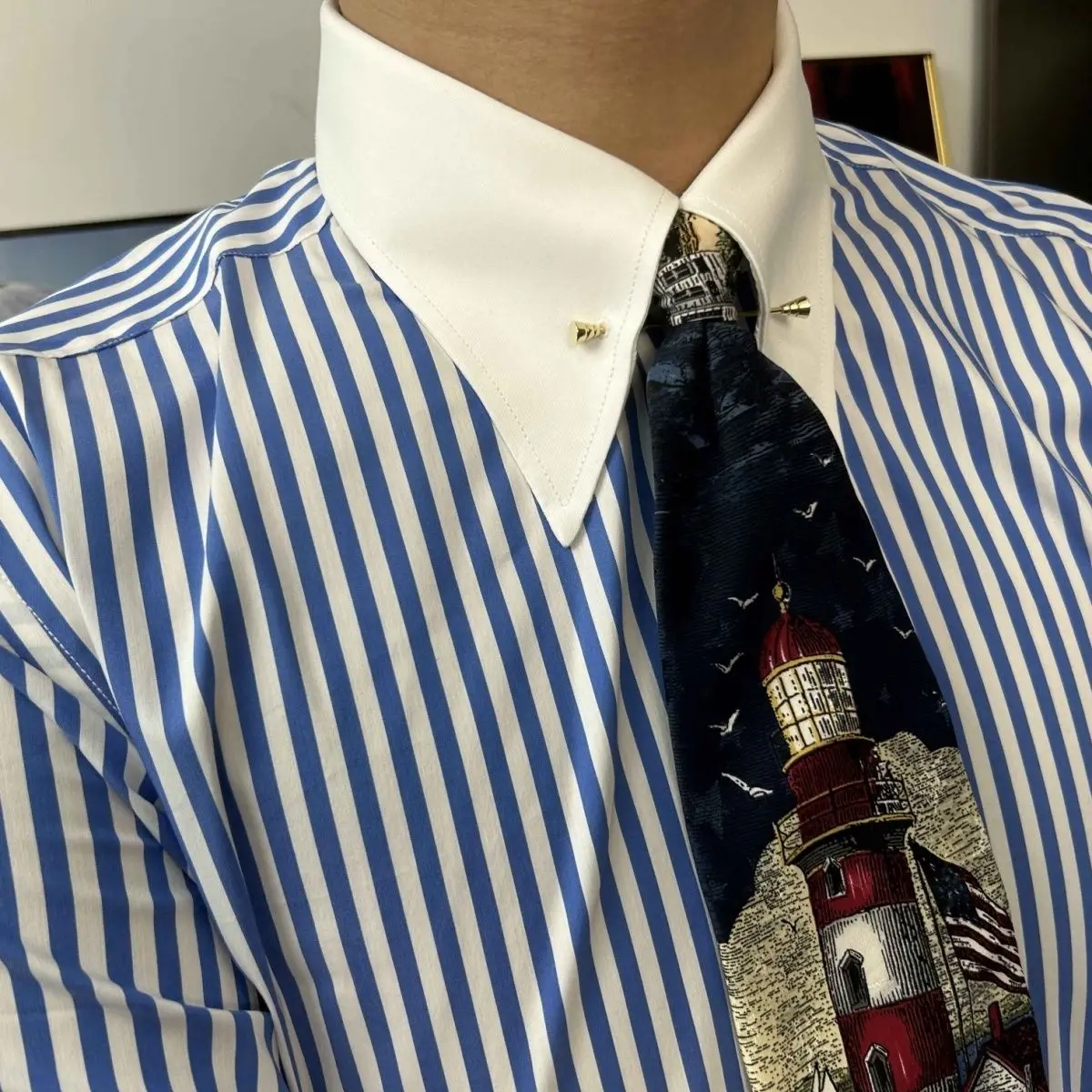 Elegant Retro Pointed Collar Button up Slim Fit Long Sleeve Men's Shirt Color Block Empire Collar Striped Design All Seasons