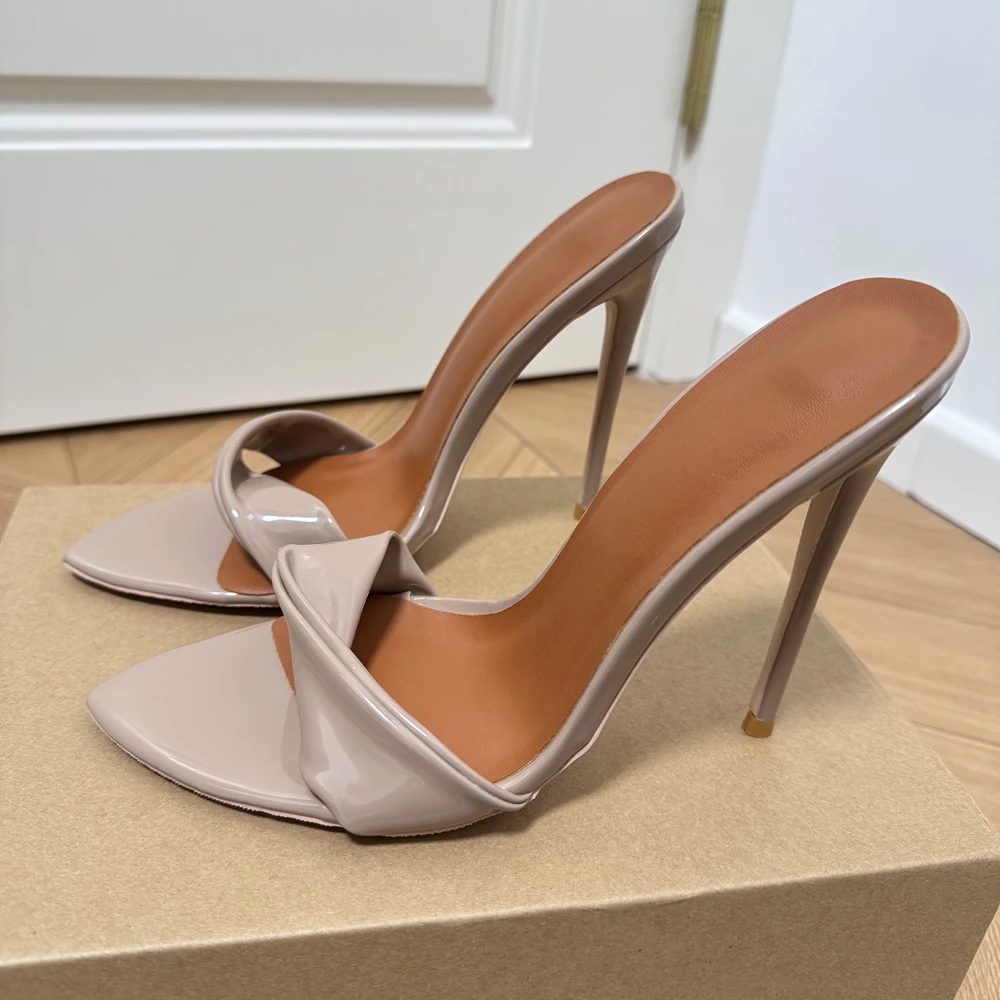 Tikicup Women's Nude Patent Pointed Toe Mules Elegant Slip-On Stiletto Heel Sandals Design Heeled for Party Cocktail Evening