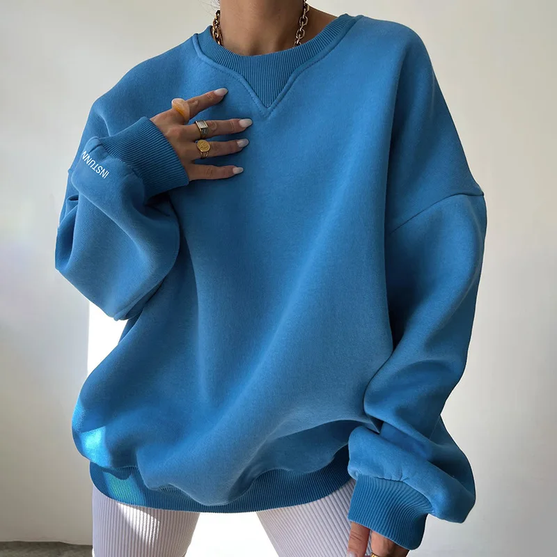 

Women Round Neck Solid Color Loose Long Sleeve Hoodie Sweatshirts Fleece Plus Size Casual Pullover Streetwear Harajuku Clothes