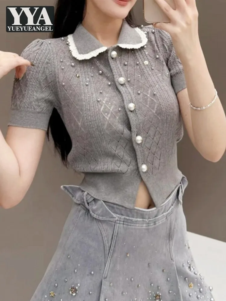 Summer Females Beading Sequin Doll Neck Short Sleeved Thin Knitted T-Shirts Casual Tops Single Breasted Work Lady Fashion Tees