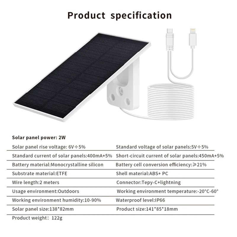 ABLL-Solar Panel Charger For Mobile Phone 2W Portable Mini Solar Panels With 2In1 Charging Cable IP65 For Camping Backpacking