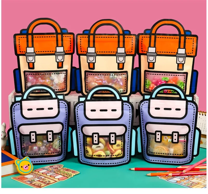 10-50 Stück Cartoon-Snackbeutel mit Selbstverschluss in Schulranzenform für Kekse und Süßigkeiten, Geschenkverpackung für Kindertag und Kindergeburtstag – Detail 10