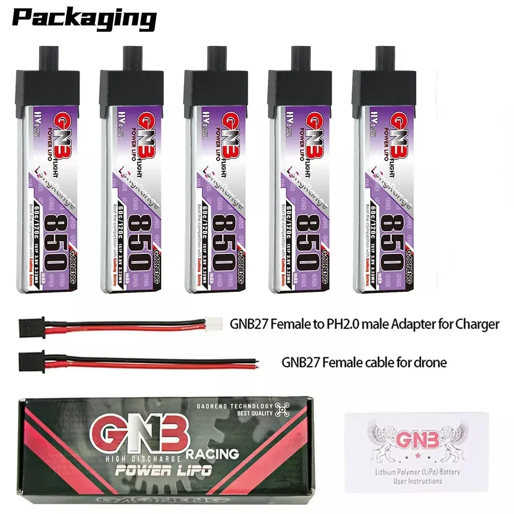 5 peças gaoneng gnb 850mah 1s1p 3.8v 60c lipo bateria com plugue ph2.0/gnb27 para rc quadcopter avião fpv peças de drone de corrida