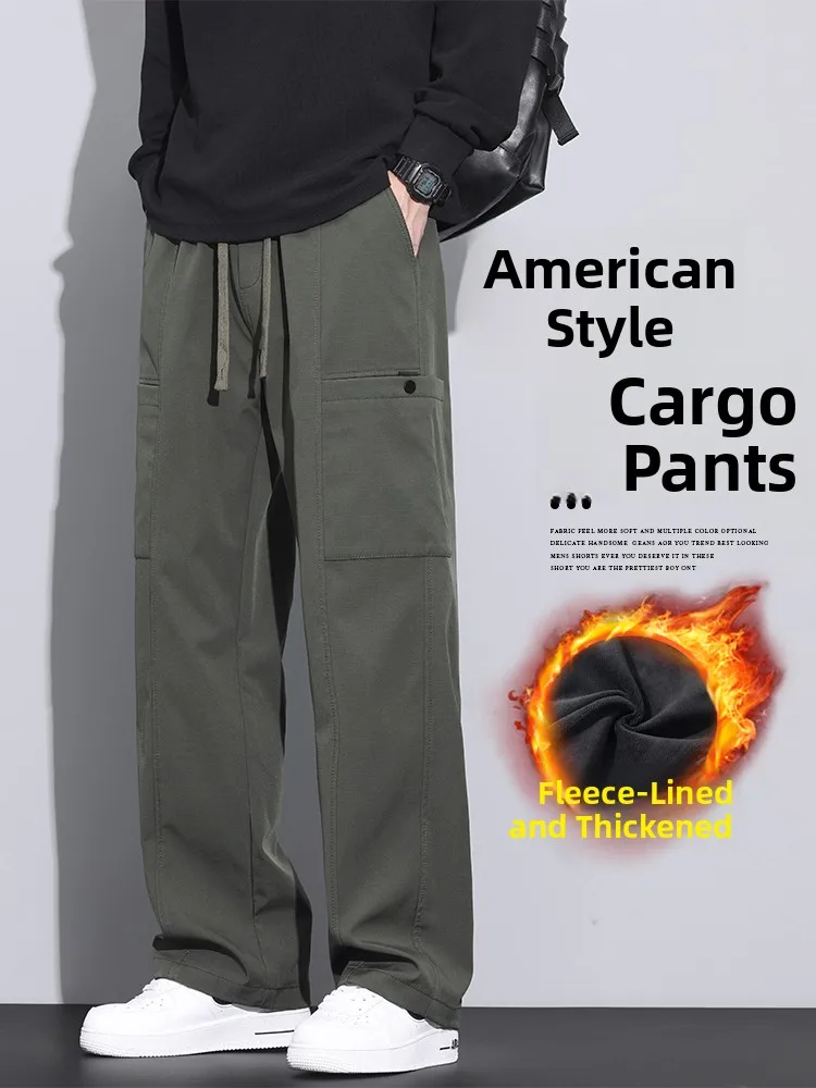 

Men's Casual Thickened Fleece Lined Loose Fit Workwear Pants Straight Leg American Style Autumn Winter Fashion Brand