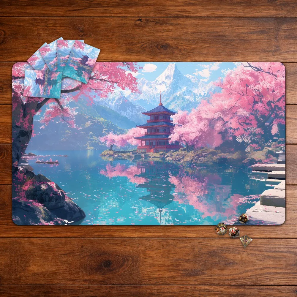 TCG Playmat Trading Card Games,Sakura Lake Pagoda Reflection Game Mat With Zones alfombrillas para escritorio tapis de souris