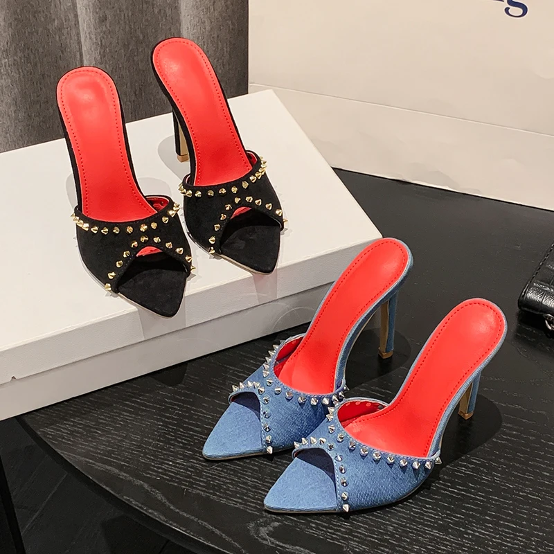 Kcenid Summer 2024 New Sexy Party Banquet Sandals For Women High Heels Shoes Fashion Rivet Slip On Pointed Toe Slippers Women