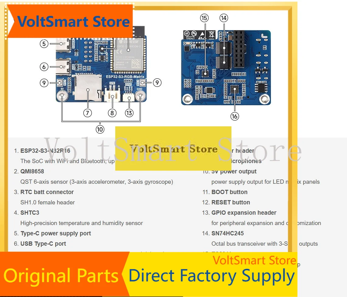 VoltSESP32-S3-WROOM-2 High-Capacity AIoT Module With RGB Matrix Driver Board, WiFi/BLE 5, And Dual Microphones