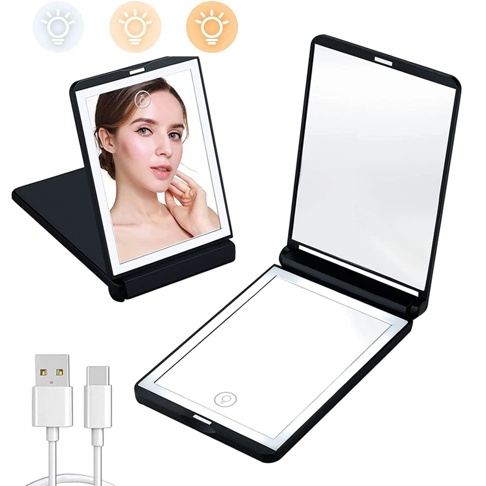 Rechargeable Travel Mirror 1x/2x Magnification Compact Mirror 3 Color Lights Pocket MirrorPortable Makeup Mirror Gift For Girls