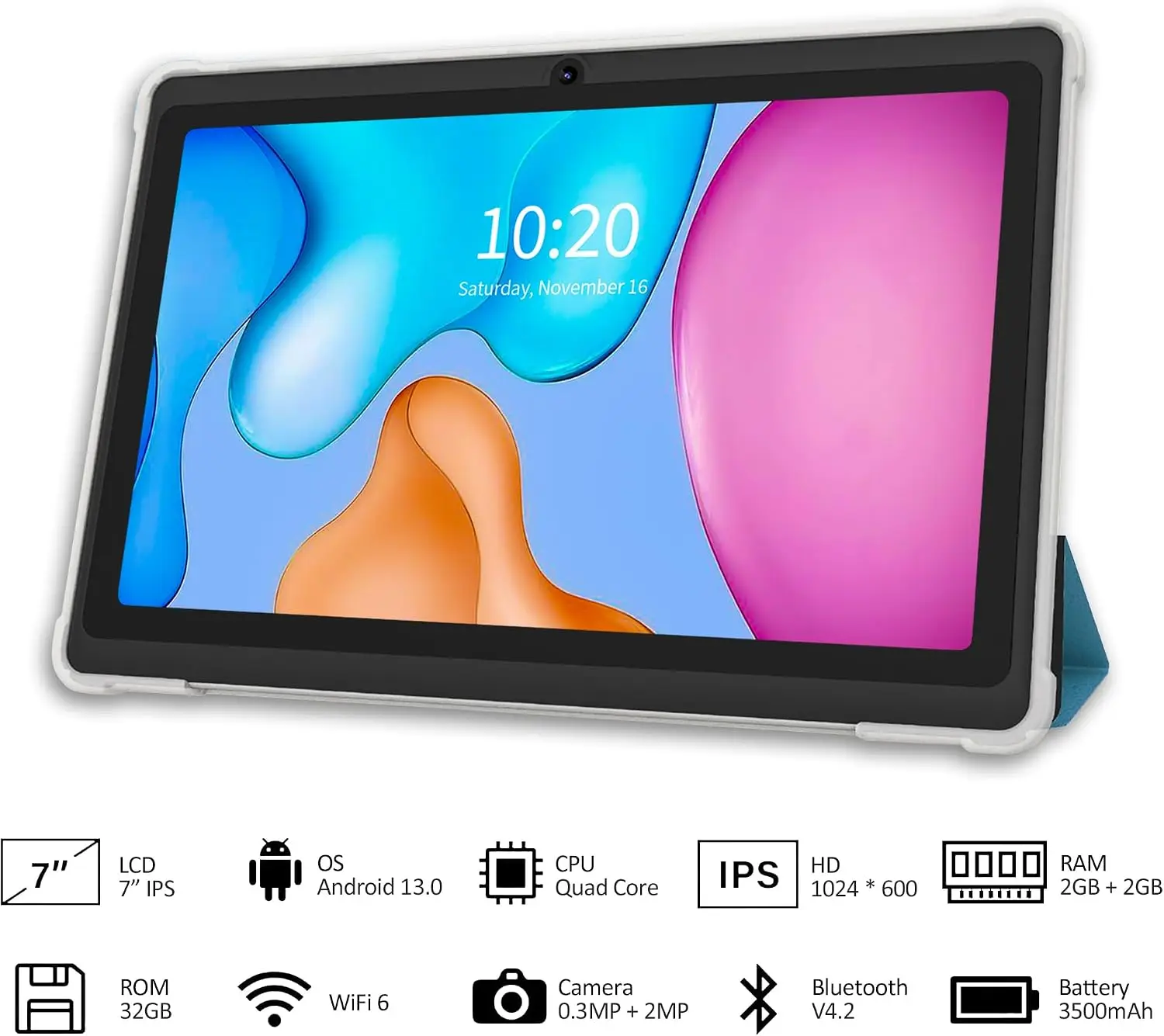 7 Inch Tablet, Quad Core Android 13 OS, 32GB ROM, WiFi, Bluetooth, Dual Camera, USB C Tablet PC, 7