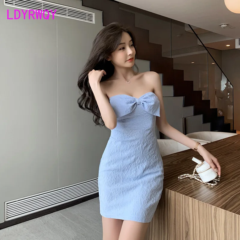 

Low cut sexy bowtie breast dress wrap breast back slim body bag buttock female evening dress