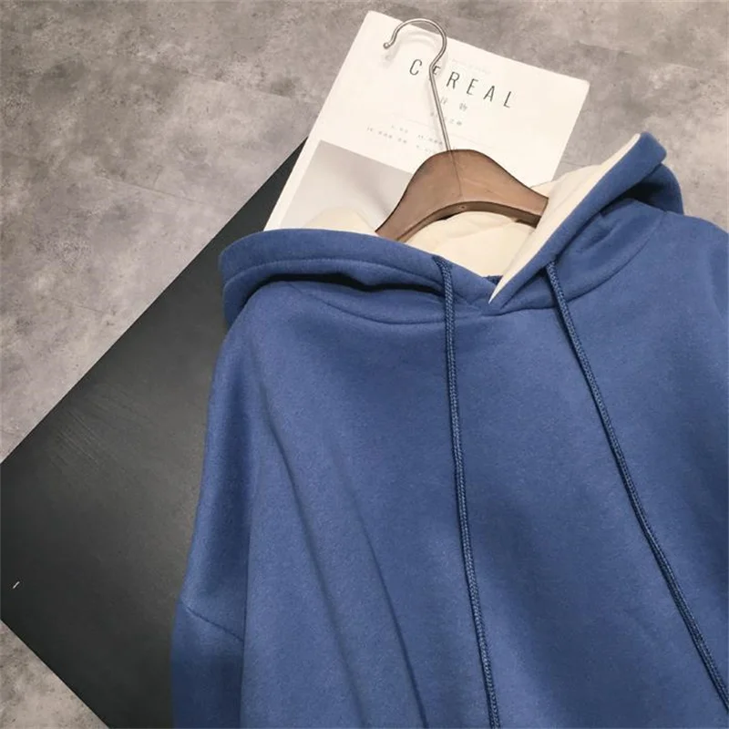 Casual Oversized Hoodies Women Fashion Korean Loose Long Sleeve Blue Pullover Hooded Sweatshirts Autumn Winter Thicken Pull Tops