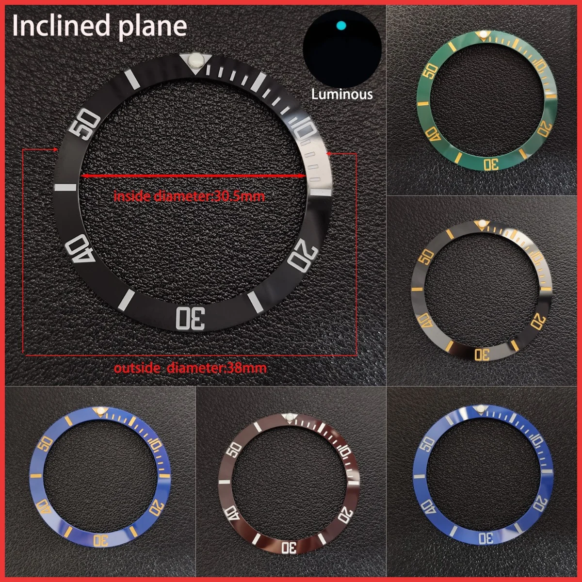 Biseles de cerámica de 38mm x 30,5mm que se adaptan a cajas de relojes de 40mm, anillo de inserciones inclinadas BGW9, accesorio de repuesto para relojes de perlas luminosas azules