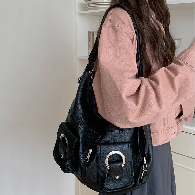 Simple Commute Women Shoulder Bag Fashion PU Leather Zipper Pockets Tote Bag Korean Large Capacity Lady Handbag