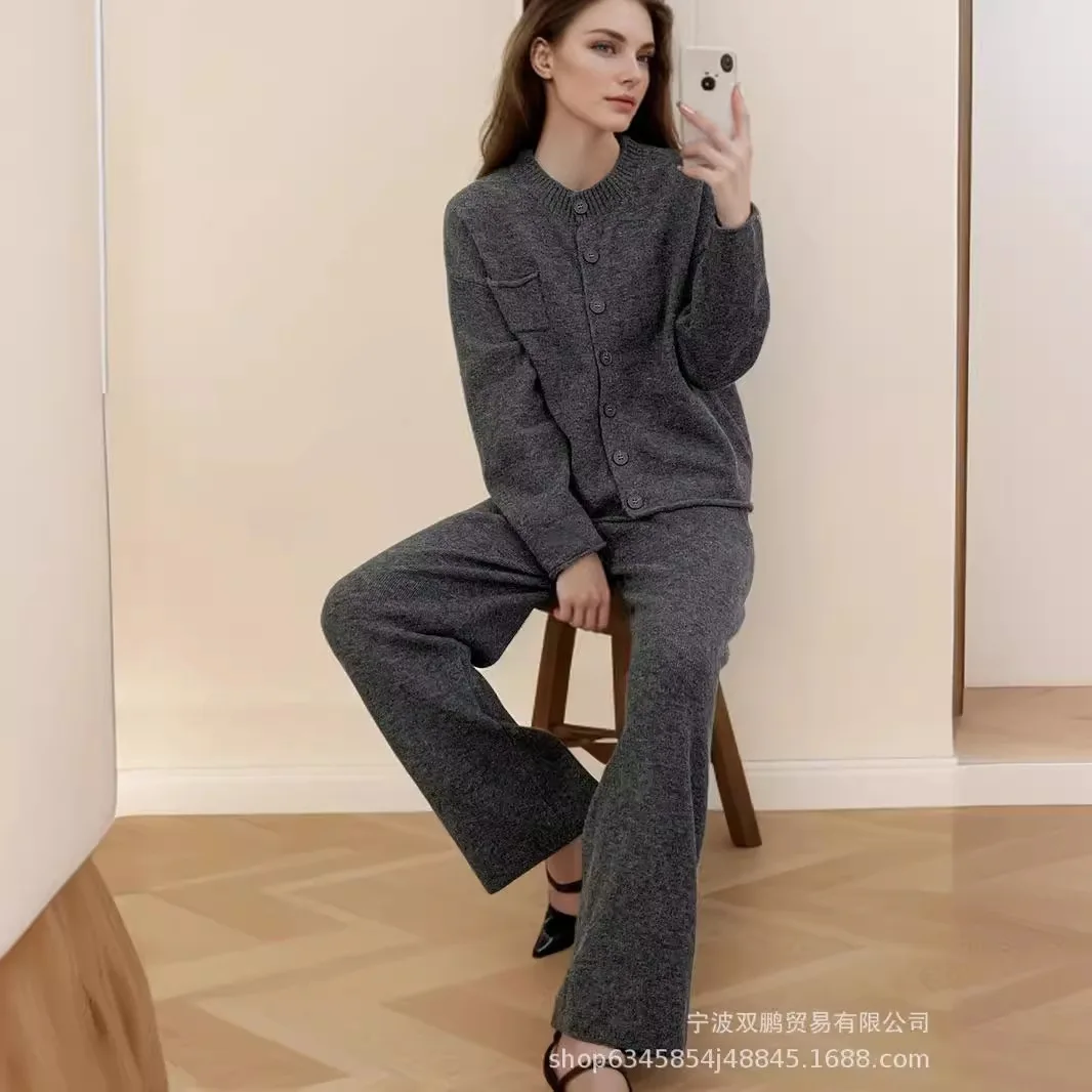 Women Two Piece Sets Pant Set Knit Solid Casual Full Sleeve Cardigan Elegant Zipper Sweaters Coats Straight Pant Suits