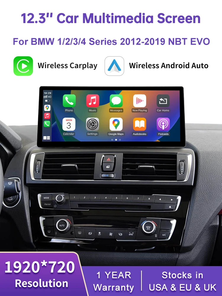 Ekran 12,3 cala, ultracienki, do BMW serii 1/2/3/4 F20 F21 F22 F23 F30 F31 F33 F36 CIC/NBT/EVO, bezprzewodowe CarPlay, radio multimedialne — 2