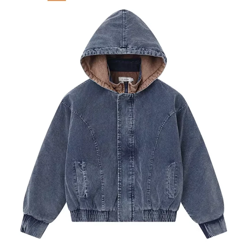 

Winter American Retro Washed Blue Hooded Denim Corduroy Cotton Men's Casual Warm Jacket