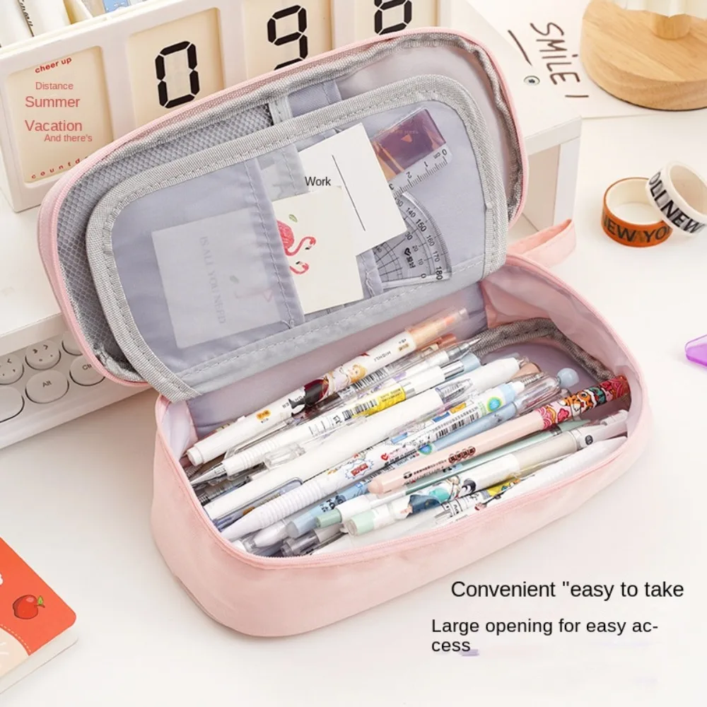 Large Capacity Pencil Cases Pen Slot Double Layer Students Pen Bag Solid Color Grid Pocket Stationery Storage Pouch