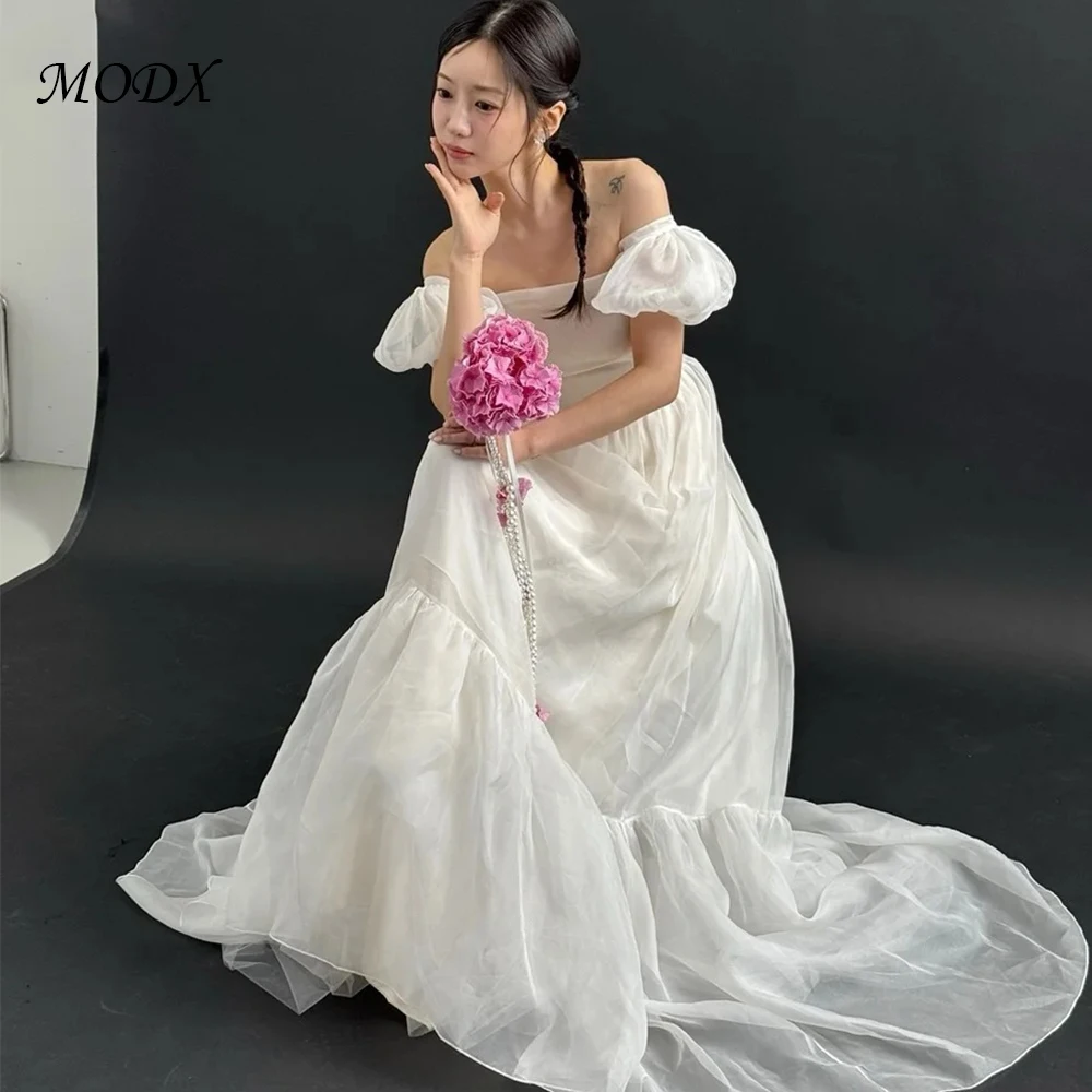 MODX فساتين زفاف كورية جديدة بسيطة بدون حمالات على شكل حرف a من الأورجانزا زي العرائس وطول الأرض فساتين مشد مكشكشة #2