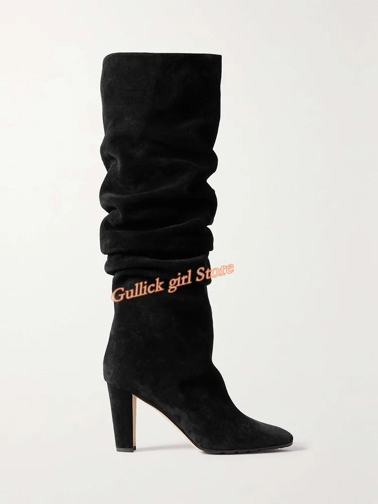 Black Suede Knee High Boots Pleated Almond Block Heel Fashion 2024 Winter Autumn Runway Dress Shoes Chunky Heel Shoes