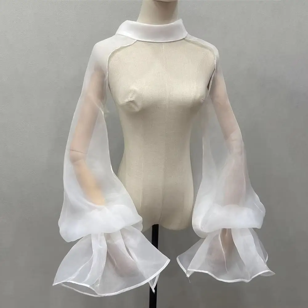 Elegant Puffy Bridal Sleeves Transparent High Neck Wedding Arm Sleeves Ruffles Lantern Sleeve Bride Shawl Sleeve Banquet Decor