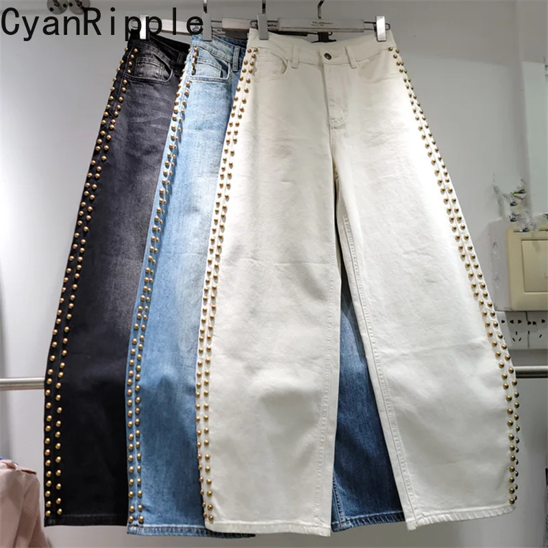 Handsome Beading Stretch White Denim Pants 2026 New Autumn All-match High Waist Floor-length Wide Leg Casual Straight Jeans