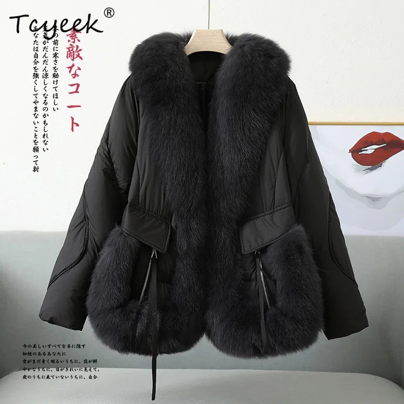 Tcyeek الخريف الشتاء الراقية العصرية الثعلب الفراء النسخة الكورية الخامس الرقبة المرأة الأبيض أوزة أسفل معطف الفرو Casacas Para Mujer Invierno