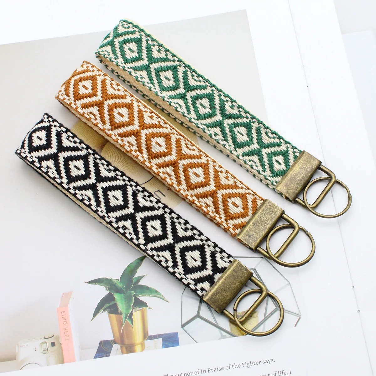 

Ethnic Style Double Embroidery Wrist Keychain, rhombus pattern woven strap for decoration