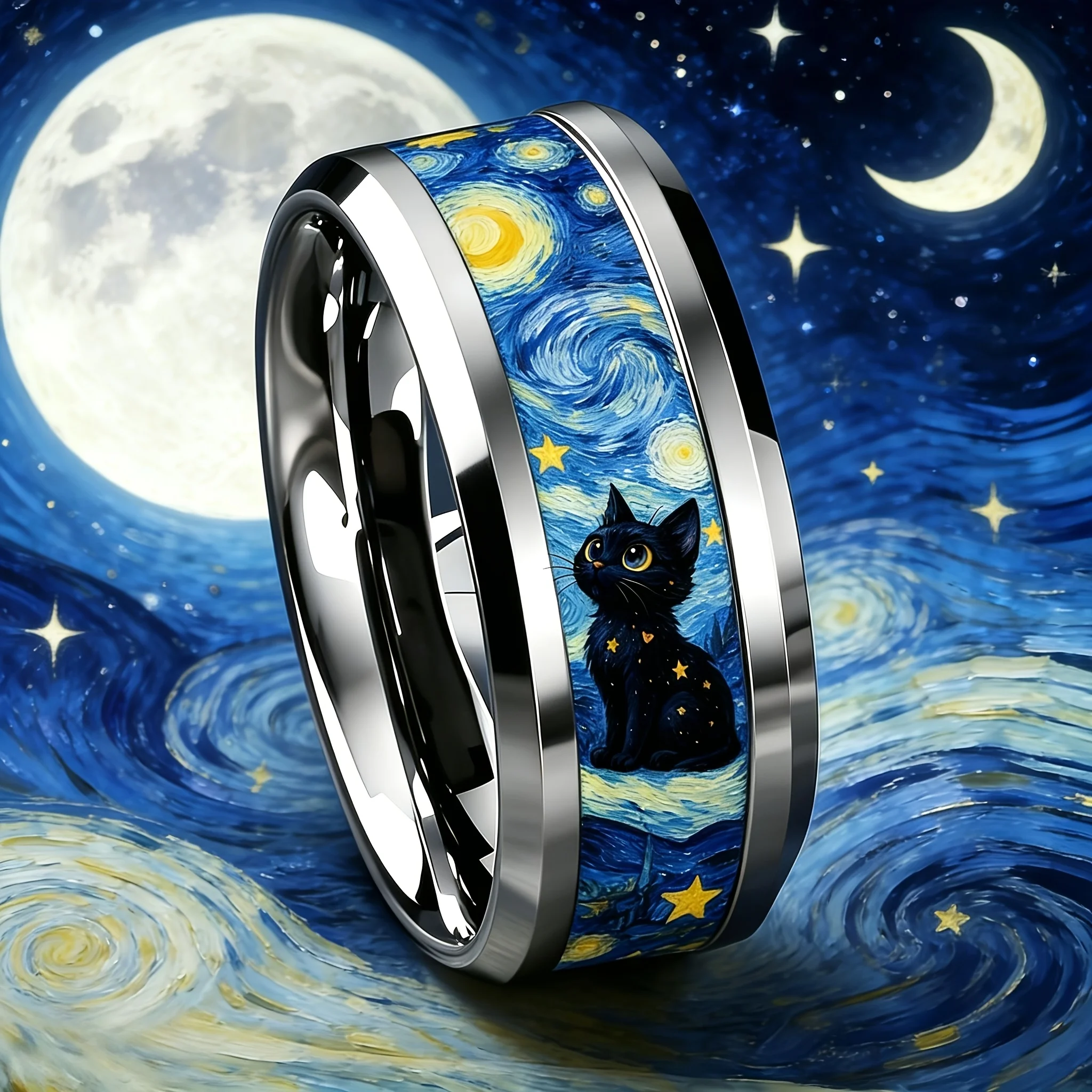 Vintage Cat Looking Up At The Stars and Moon Ring Classic Artistic Oil Painting Stainless Steel Rings For Women Men Jewelry Gift