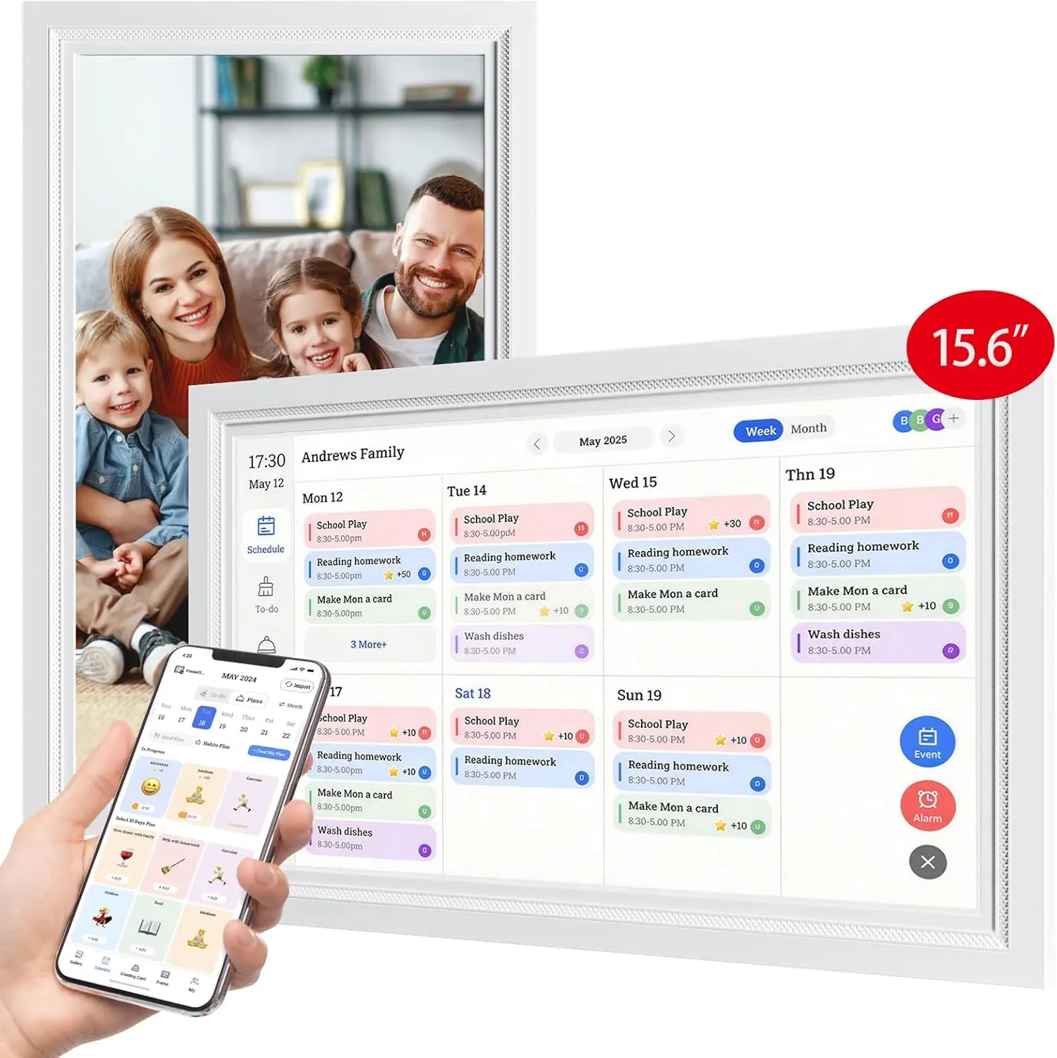 15,6-Zoll Smart WiFi Digitaler Kalender & Aufgabenplaner, IPS-Touchscreen, Essensplaner & Digitaler Bilderrahmen